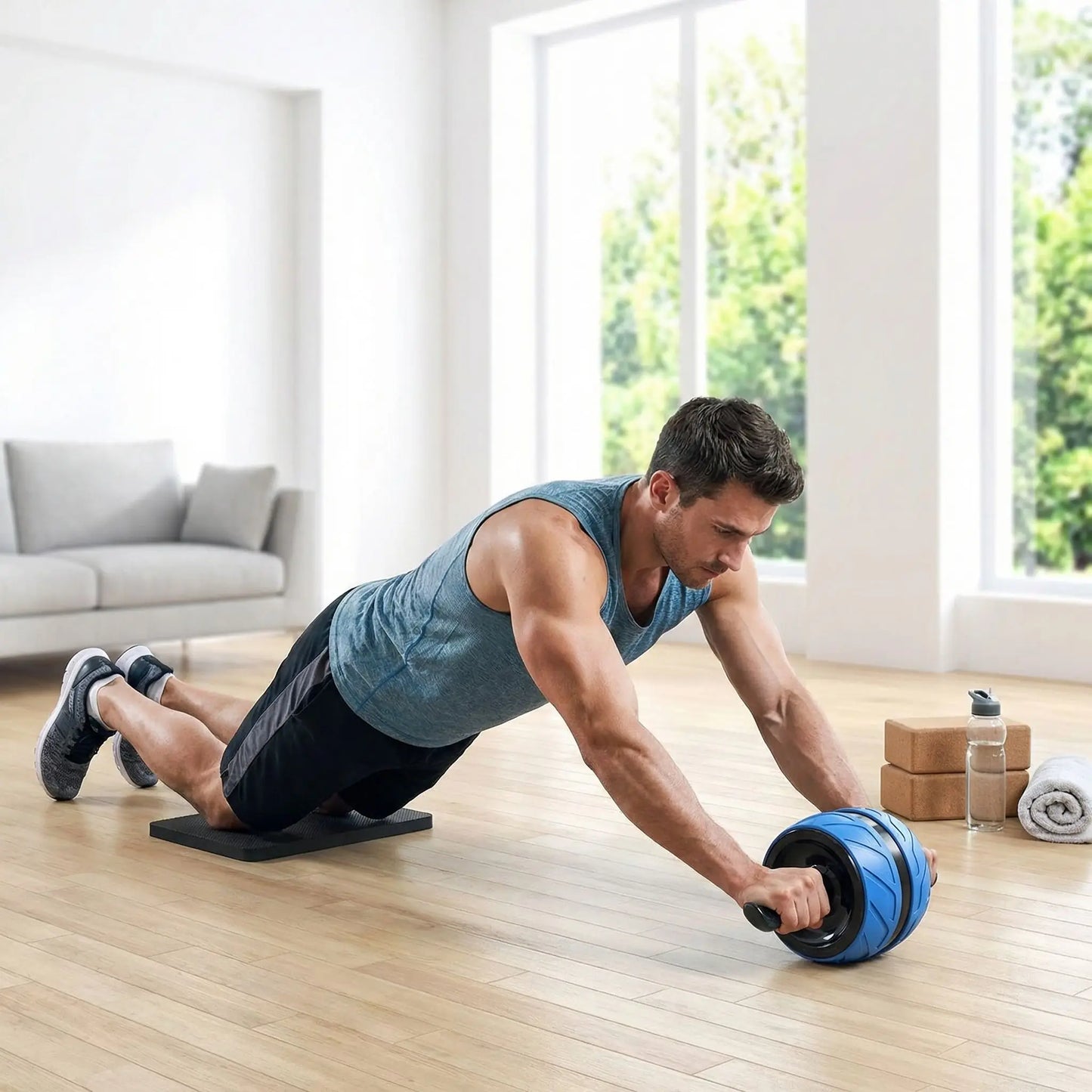 homme faisant exercice avec roue abdominale bleu