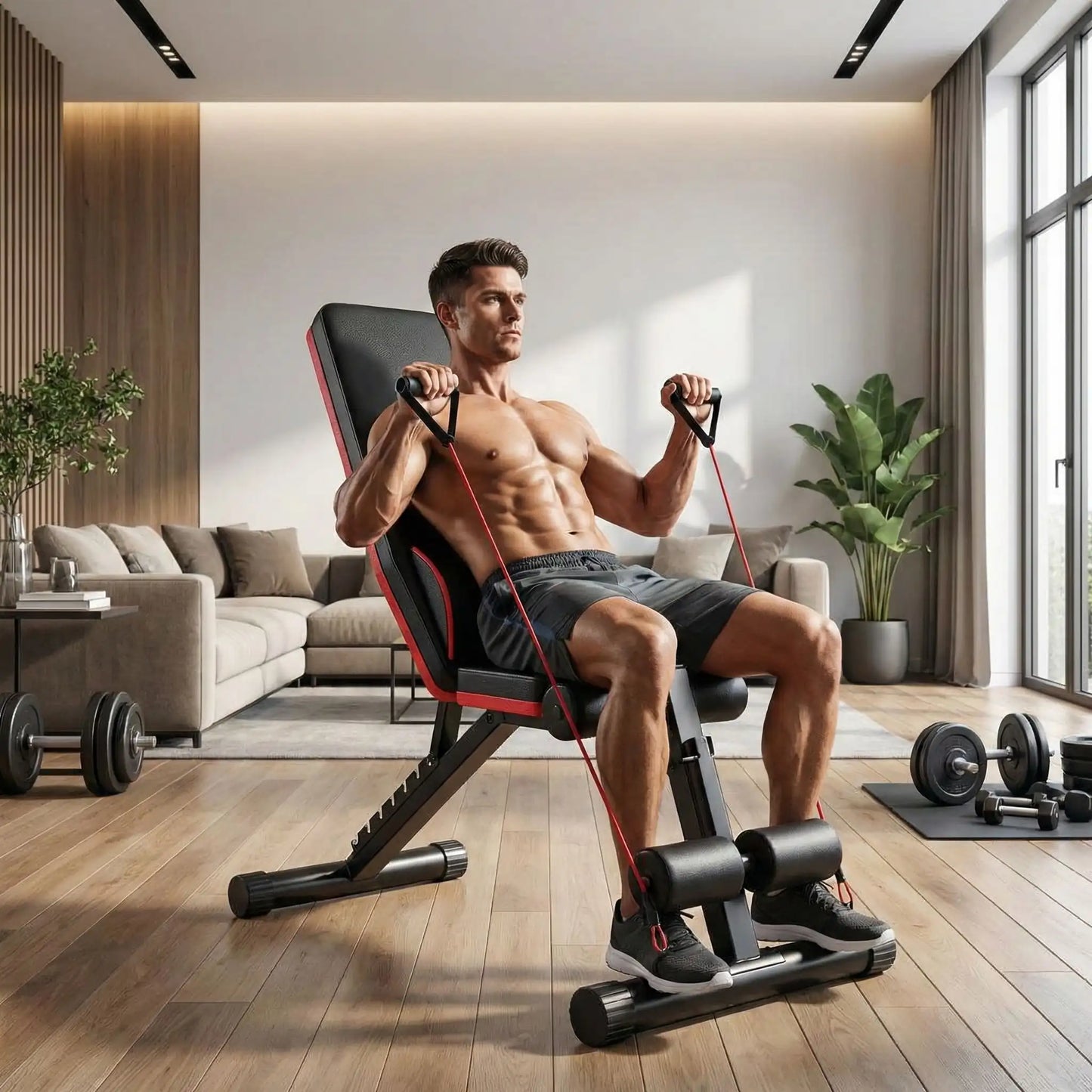 homme faisant exercice sur banc de musculation dans son salon