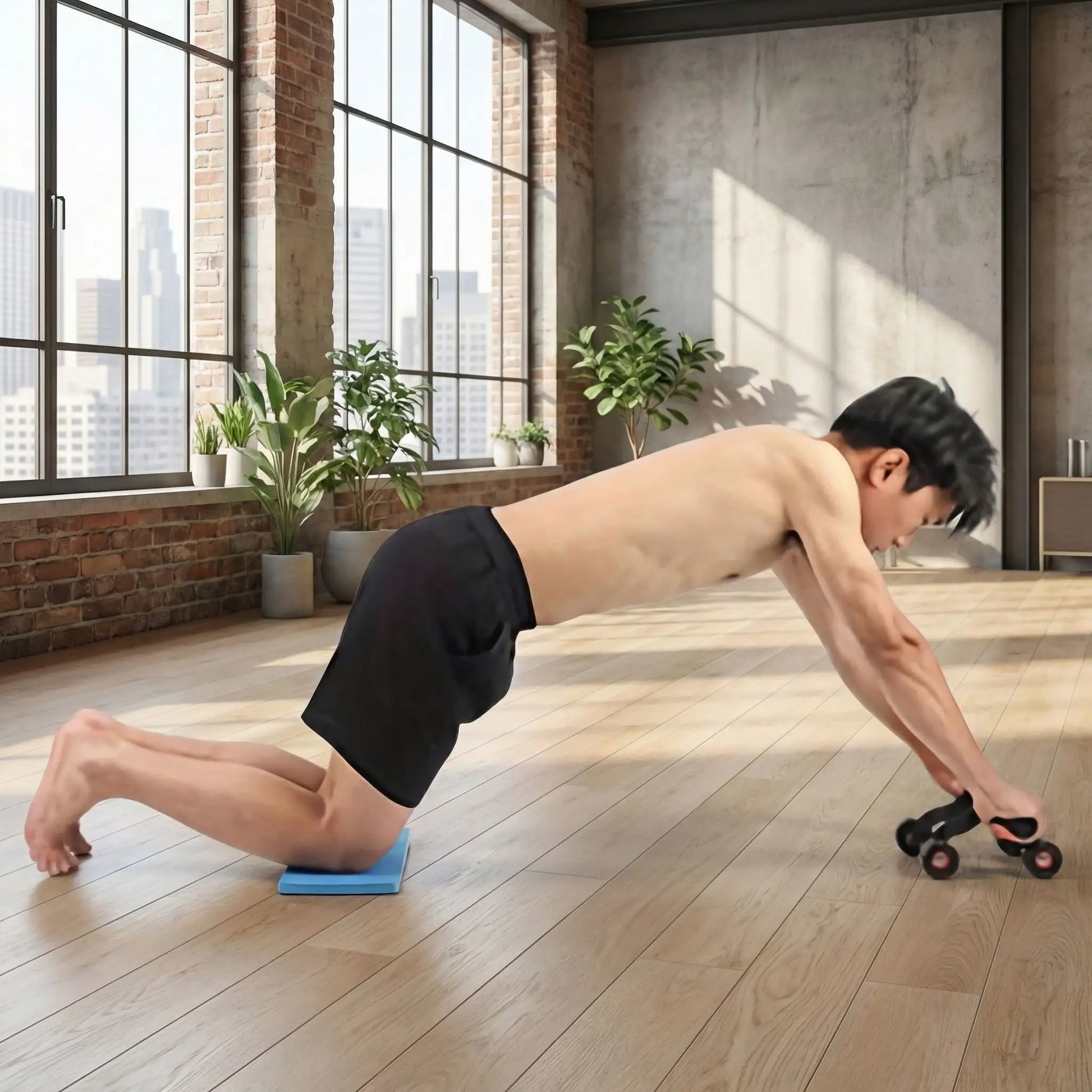 homme fait exercice abdos avec roulette abdominale quatres roues