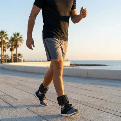 homme promene avec poid chevilles noire