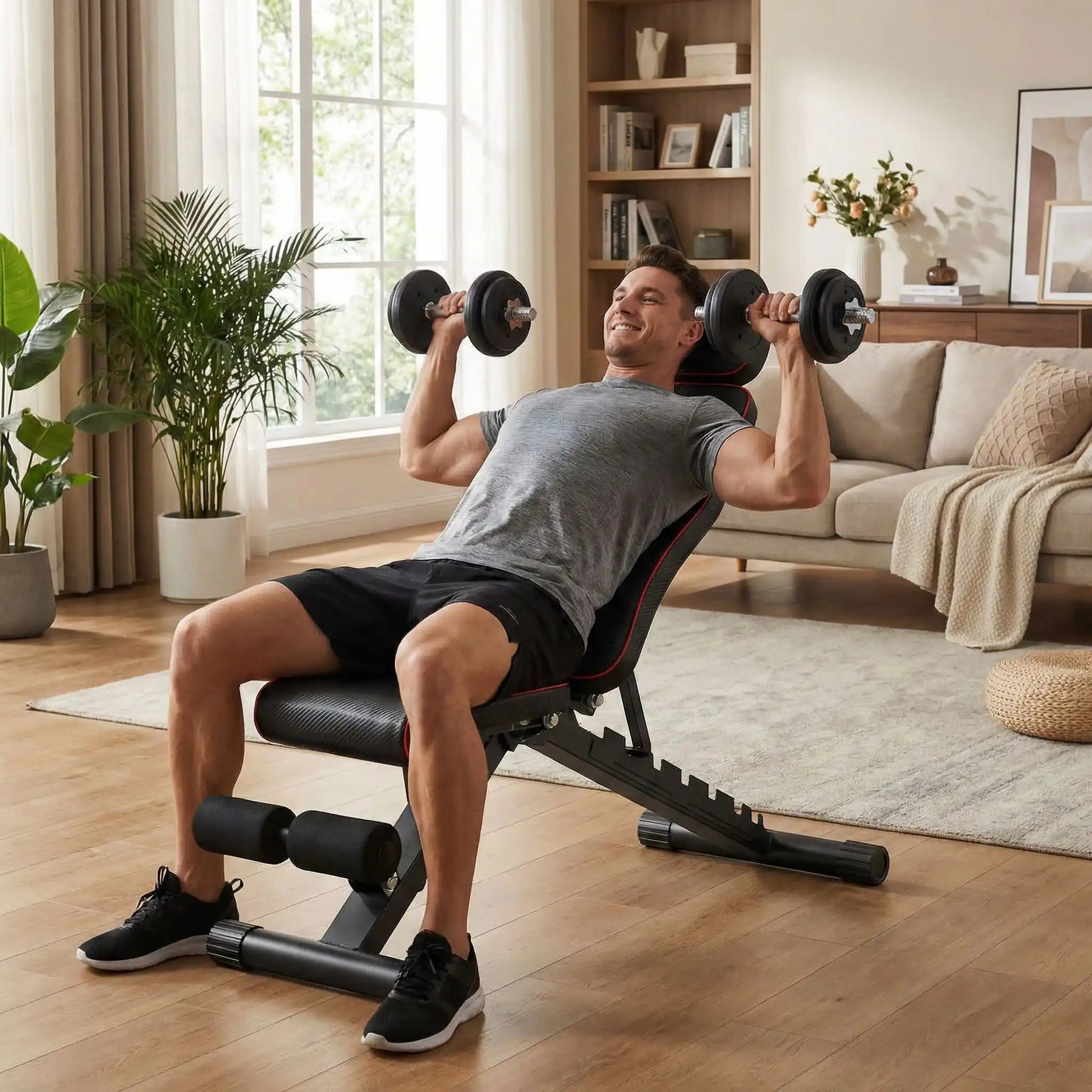 homme sentant confortable avec le banc de musculation