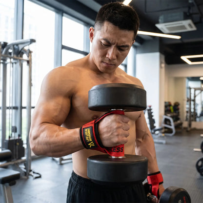 homme soulevant haltere avec sangle tirage muscu