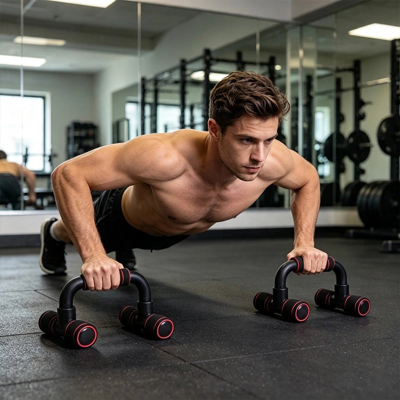 jeune homme exercice pompes sur poignés à pompes