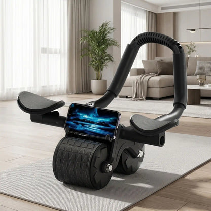 roue abdo Fitness Pro noire avec support téléphone et repose-genoux